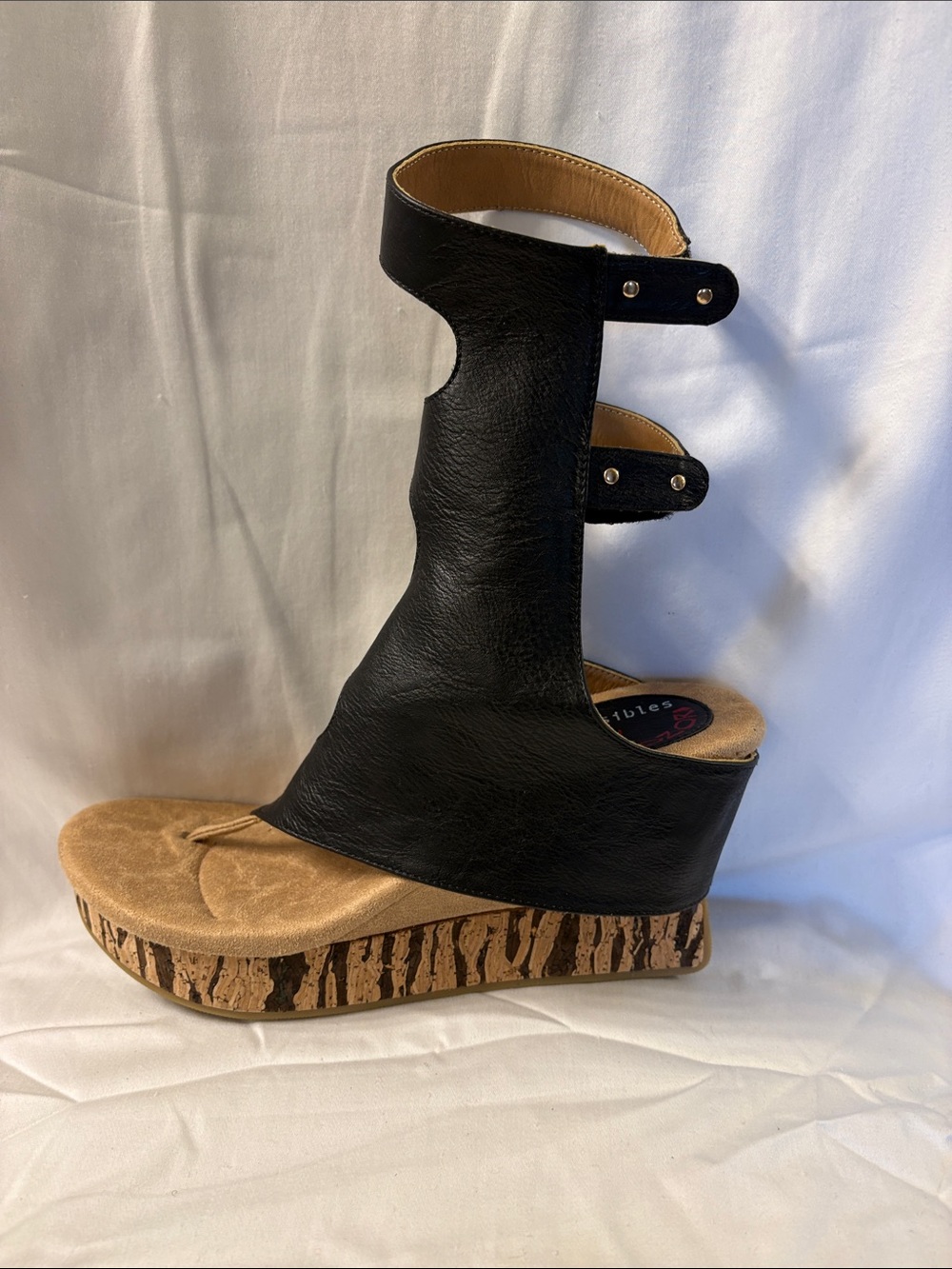Modzori reversible Black and tan Wedge Sandal with Cork-Style Platform